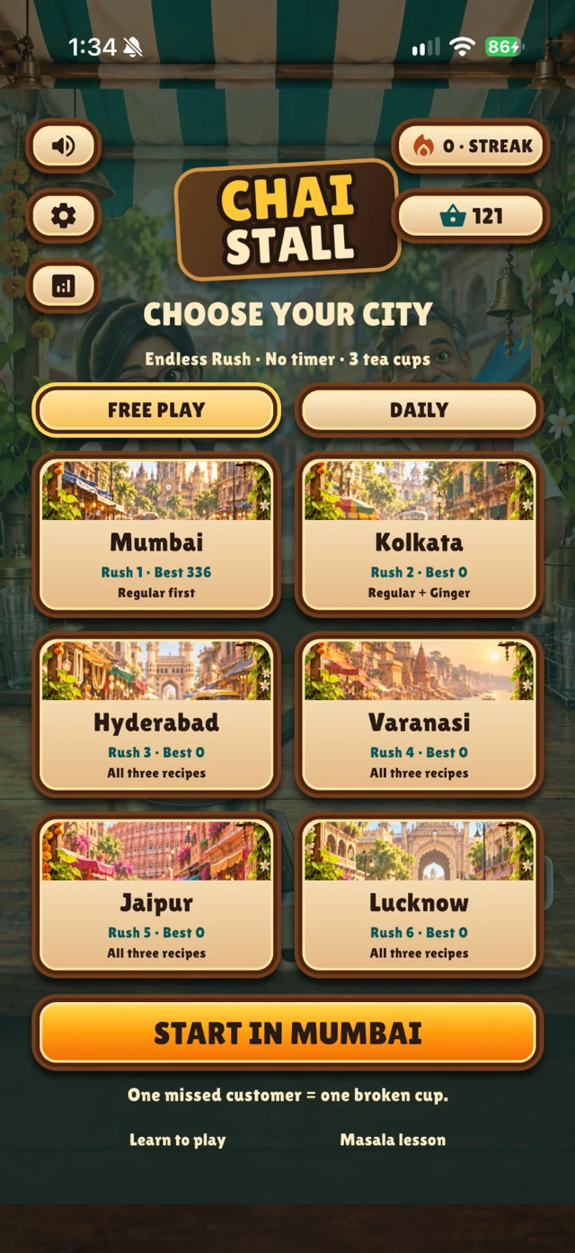 The in-game city selection screen with Mumbai, Kolkata, Hyderabad, Varanasi, Jaipur, and Lucknow