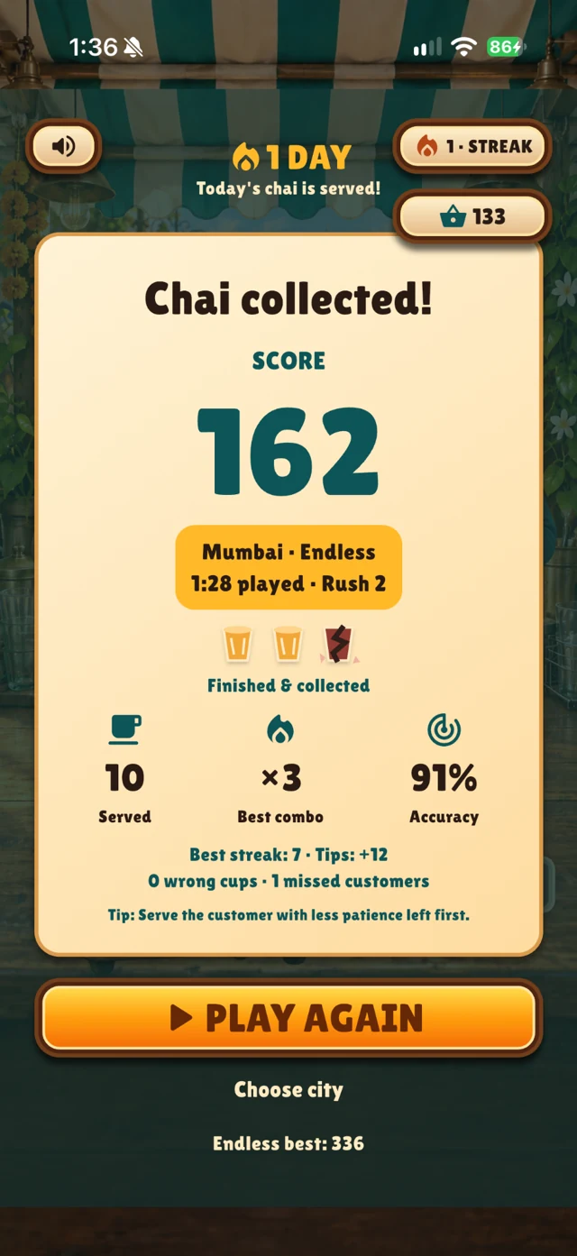 End-of-run results showing score, serving accuracy, tips, and a daily streak