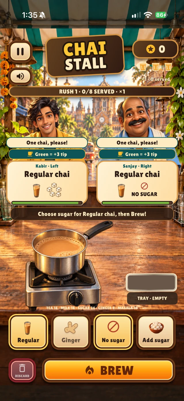Two customers ordering regular chai with different sugar preferences