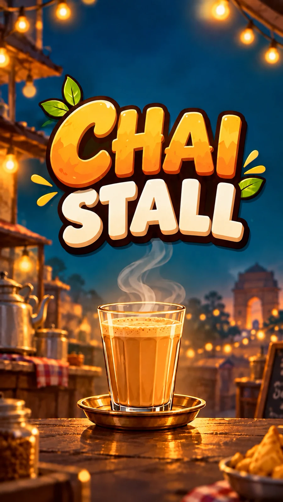 Chai Stall artwork: a steaming glass of chai in a warmly lit Indian market