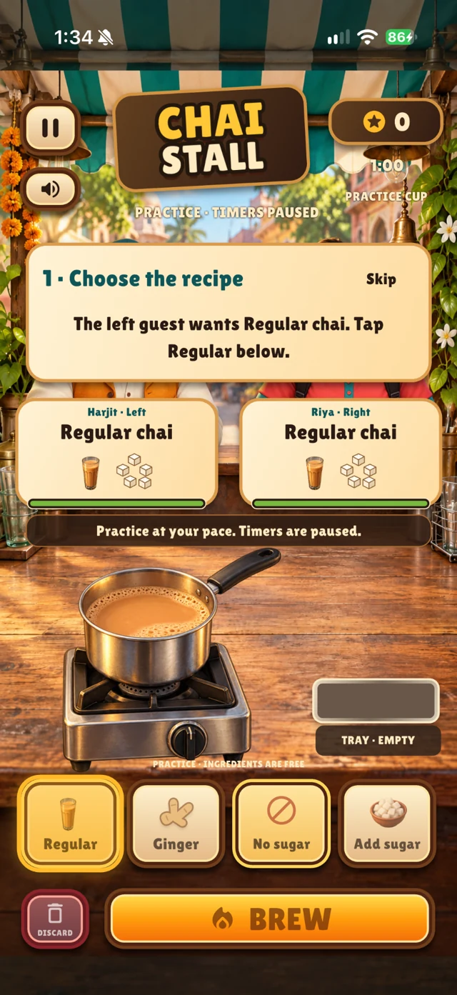 Practice mode explaining how to choose the regular chai recipe