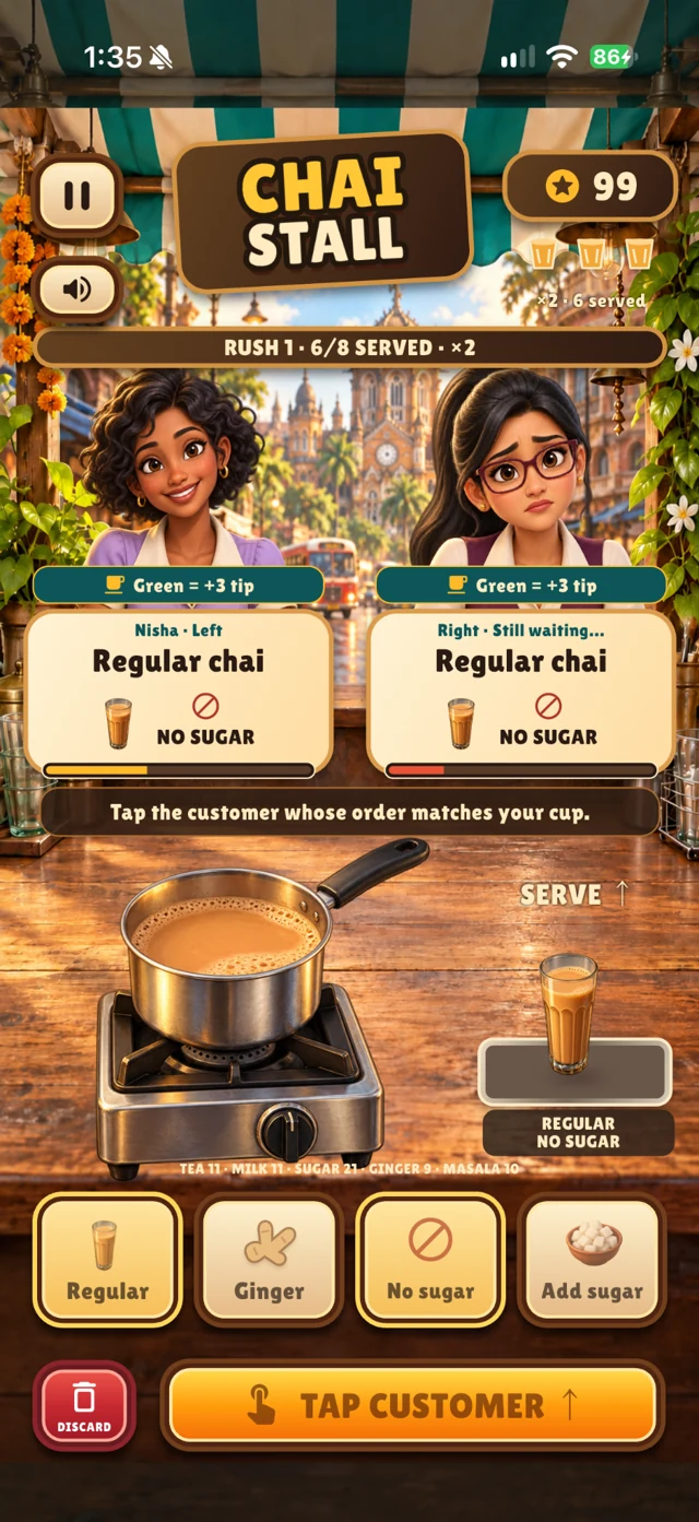 Gameplay showing two customers waiting as a freshly brewed glass of chai is ready to serve